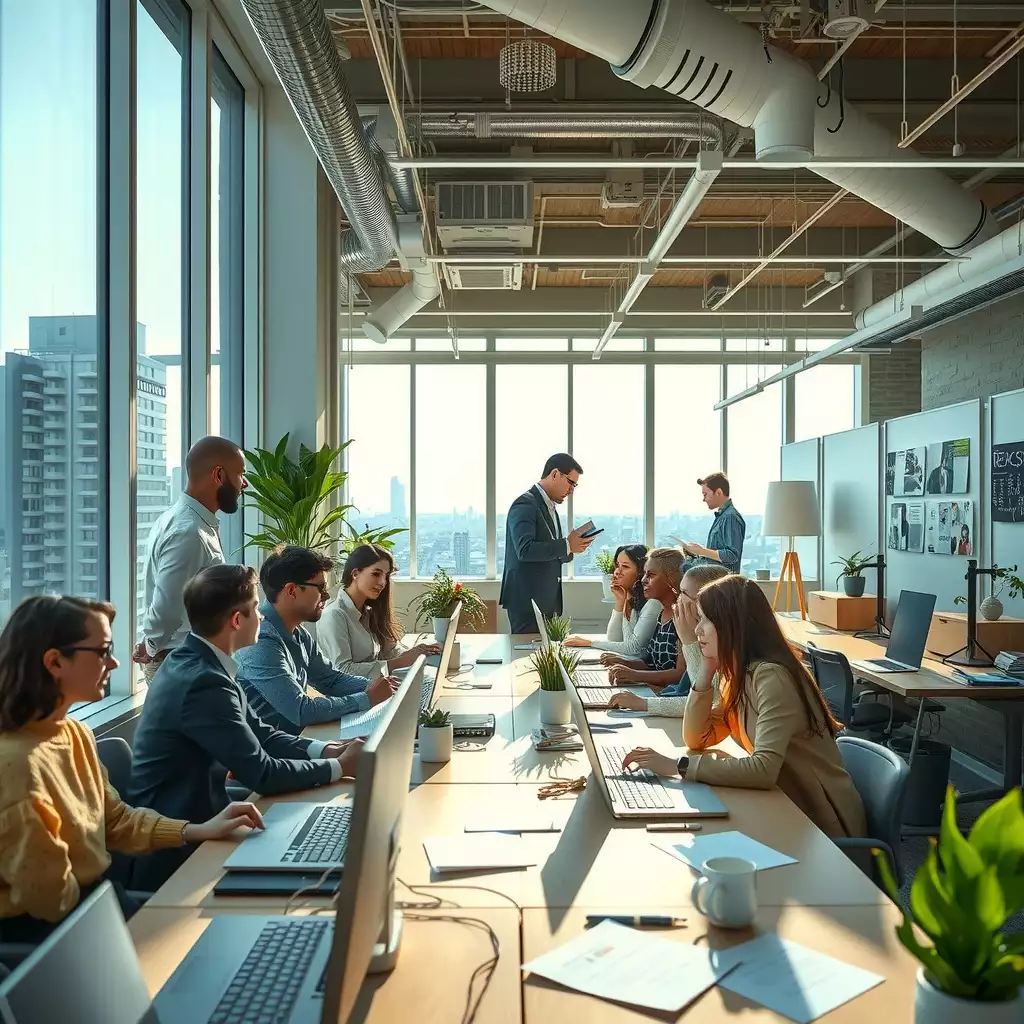 A vibrant office workspace in Brooklyn, featuring diverse professionals collaborating, with documents on coemployment regulations visible and unique architectural elements reflecting the local culture.