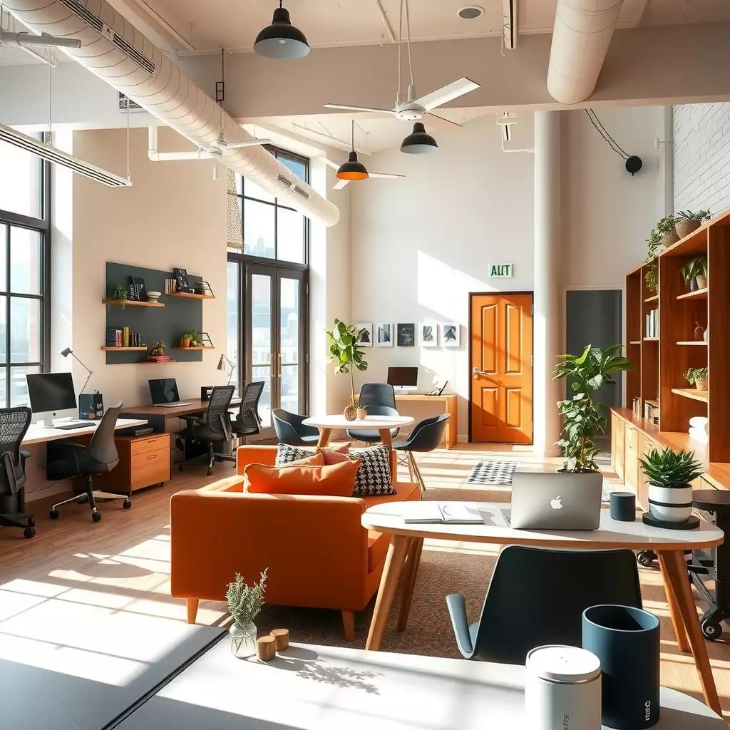 A modern, stylish workspace featuring sleek desks, comfortable seating, and collaborative areas adorned with greenery, designed for remote employees in Brooklyn.