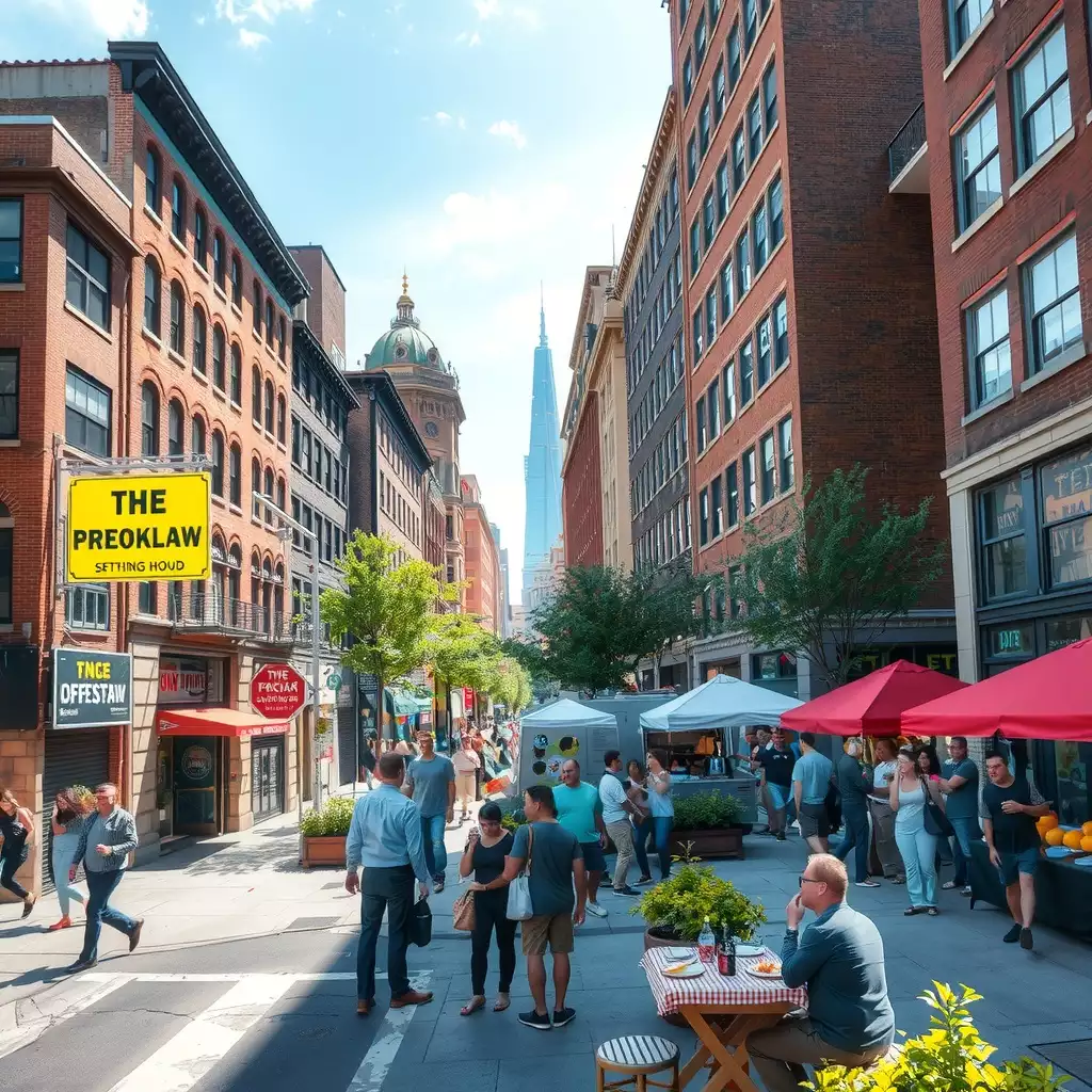 A vibrant urban scene in Brooklyn showcasing a mix of modern and historic architecture, featuring diverse groups of people engaging in outdoor activities, dining, shopping, and community events amidst food trucks and green spaces.