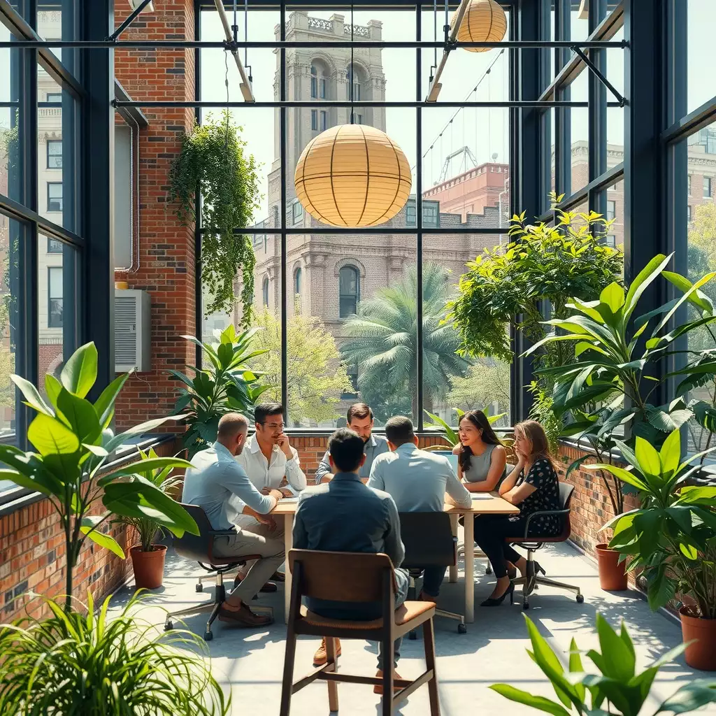Diverse group of professionals collaborating in a modern office space, surrounded by iconic Brooklyn architecture and greenery, showcasing innovation and community connection.