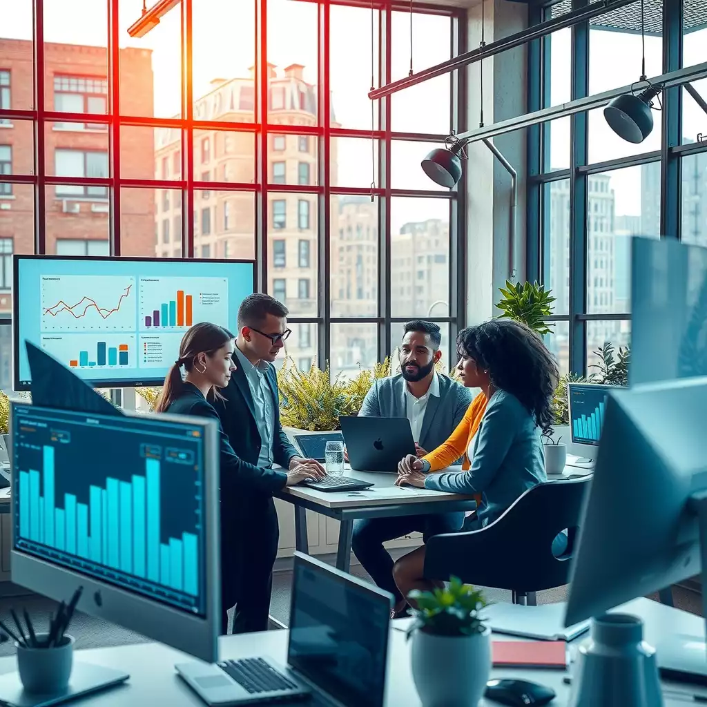 A modern urban office in Brooklyn featuring diverse professionals analyzing data on digital displays, with graphs and charts illustrating staffing forecasts amidst elements of local culture and innovation.