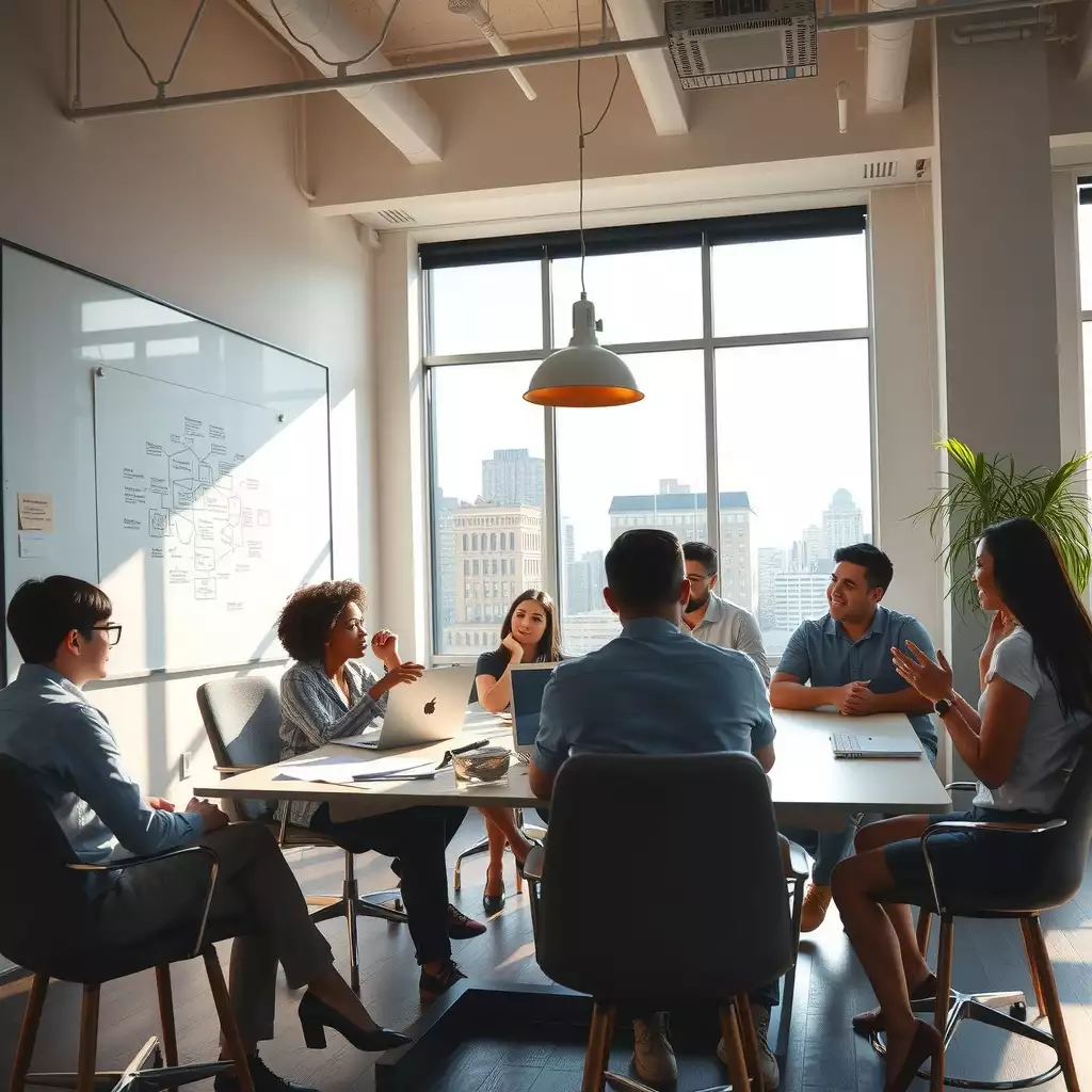A vibrant workspace in Brooklyn featuring diverse professionals collaborating around a modern conference table, with laptops, brainstorming boards, and creative designs that embody the energy of networking and innovation.