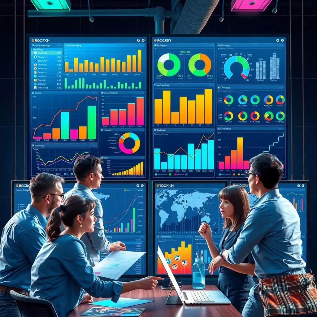 A modern office scene featuring diverse professionals analyzing colorful graphs and charts on large screens, showcasing collaboration and innovation in data-driven decision-making.