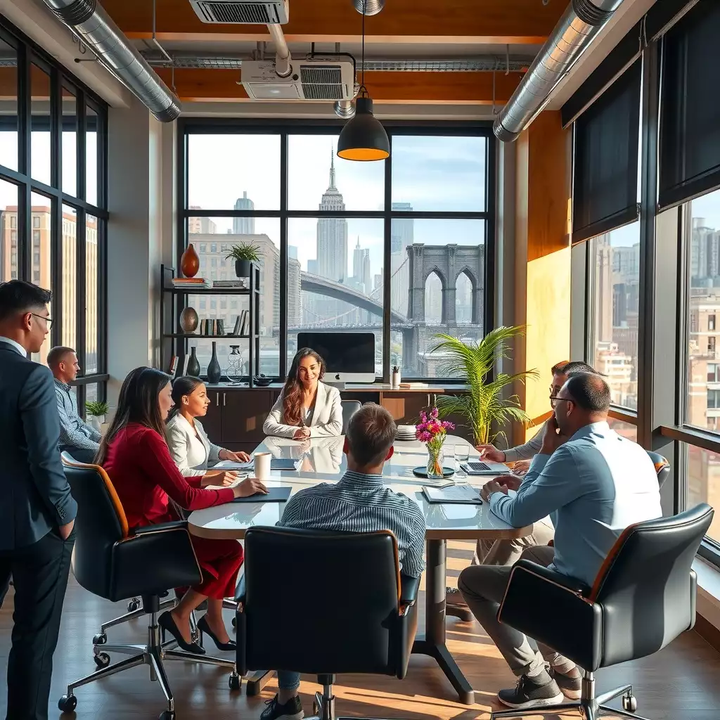 A diverse group of professionals engaged in a collaborative meeting about indemnity clauses, set in a modern Brooklyn office with natural light and urban decor.