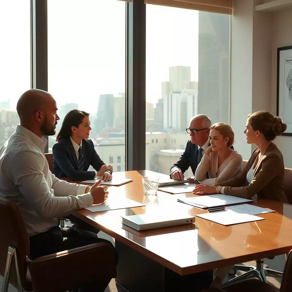 A modern office meeting scene featuring professionals engaged in discussion around a conference table, with legal documents and technology present, highlighting themes of negotiation and business ethics.
