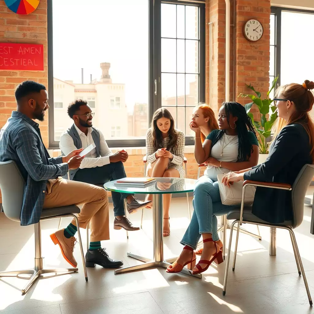 A diverse group of professionals engaged in a dynamic panel interview discussion in a modern Brooklyn office, featuring large windows and a vibrant atmosphere.