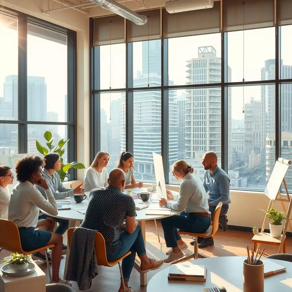 A vibrant workspace in Brooklyn filled with diverse professionals engaged in collaborative discussions, featuring colorful charts and iconic architecture in the background.