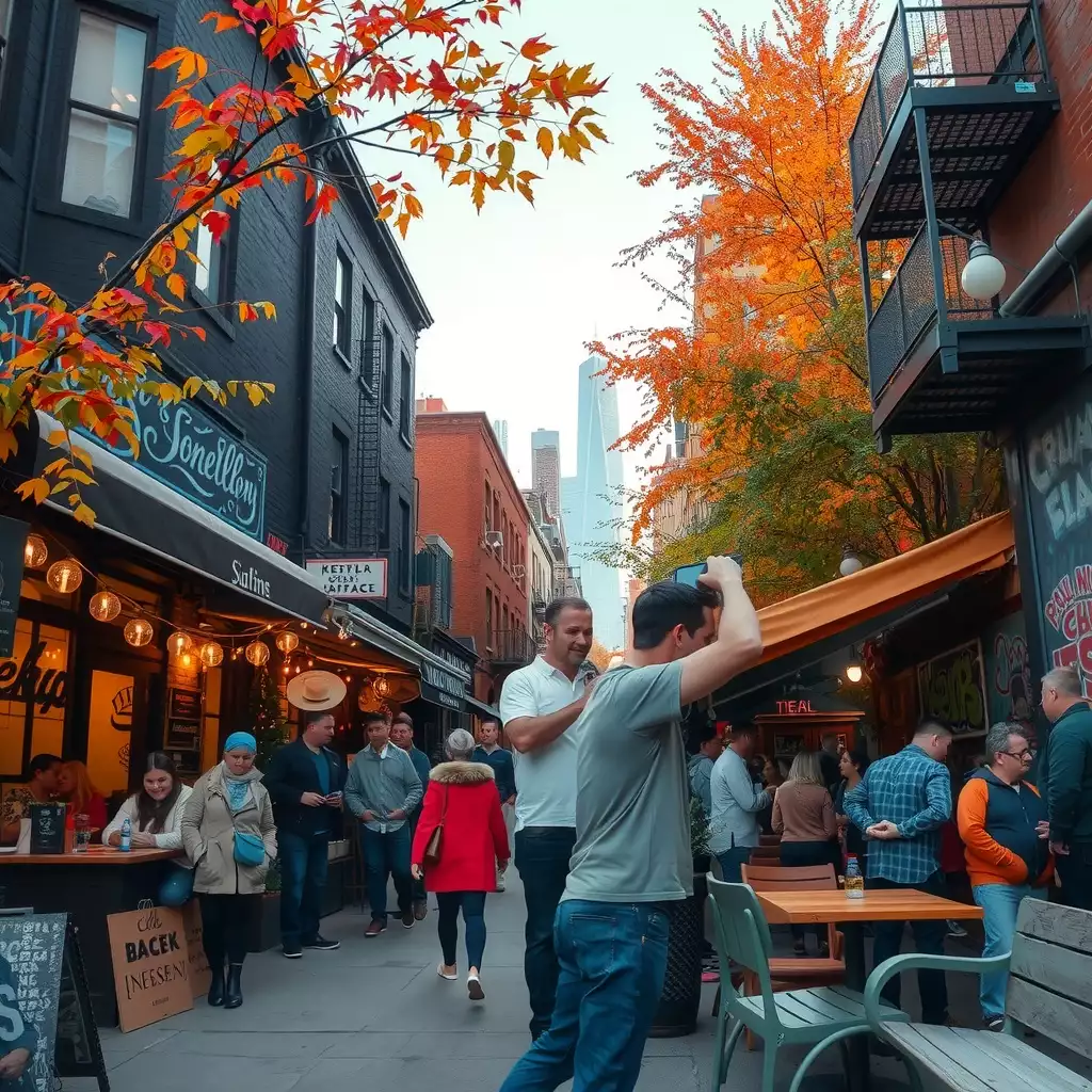 A vibrant Brooklyn street scene featuring a bustling café, colorful street art, and a diverse crowd, capturing the essence of community and urban life.