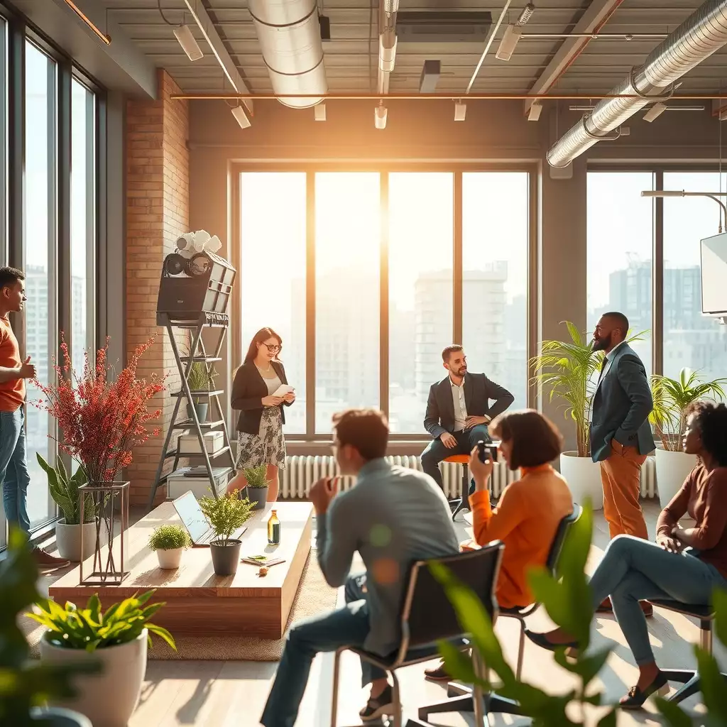 A modern Brooklyn office environment filled with natural light, featuring diverse professionals collaborating in a vibrant workspace adorned with contemporary decor and greenery.