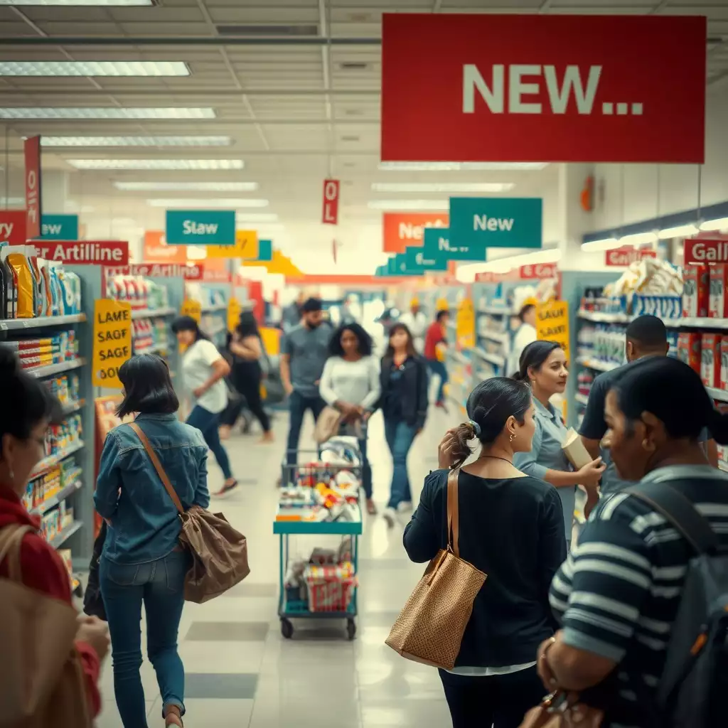 A bustling retail environment showcasing employees and customers navigating heightened security measures and interactions, reflecting the challenges and resilience amid new violence prevention laws.