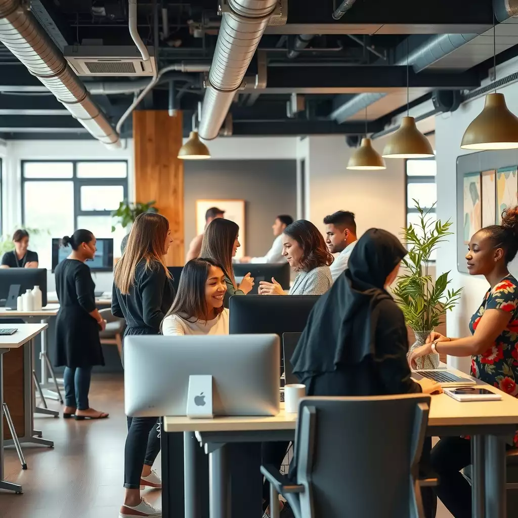 A vibrant office space in Brooklyn filled with new employees engaging in conversation, showcasing modern decor and elements of local culture, reflecting a welcoming and collaborative atmosphere.