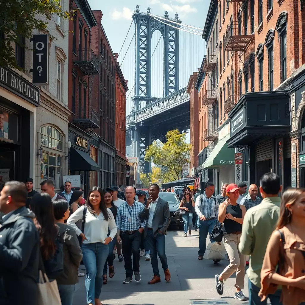 A vibrant Brooklyn street scene showcasing diverse job seekers and employers interacting, with iconic architecture and local businesses in the background, reflecting a sense of community and hope amidst economic change.