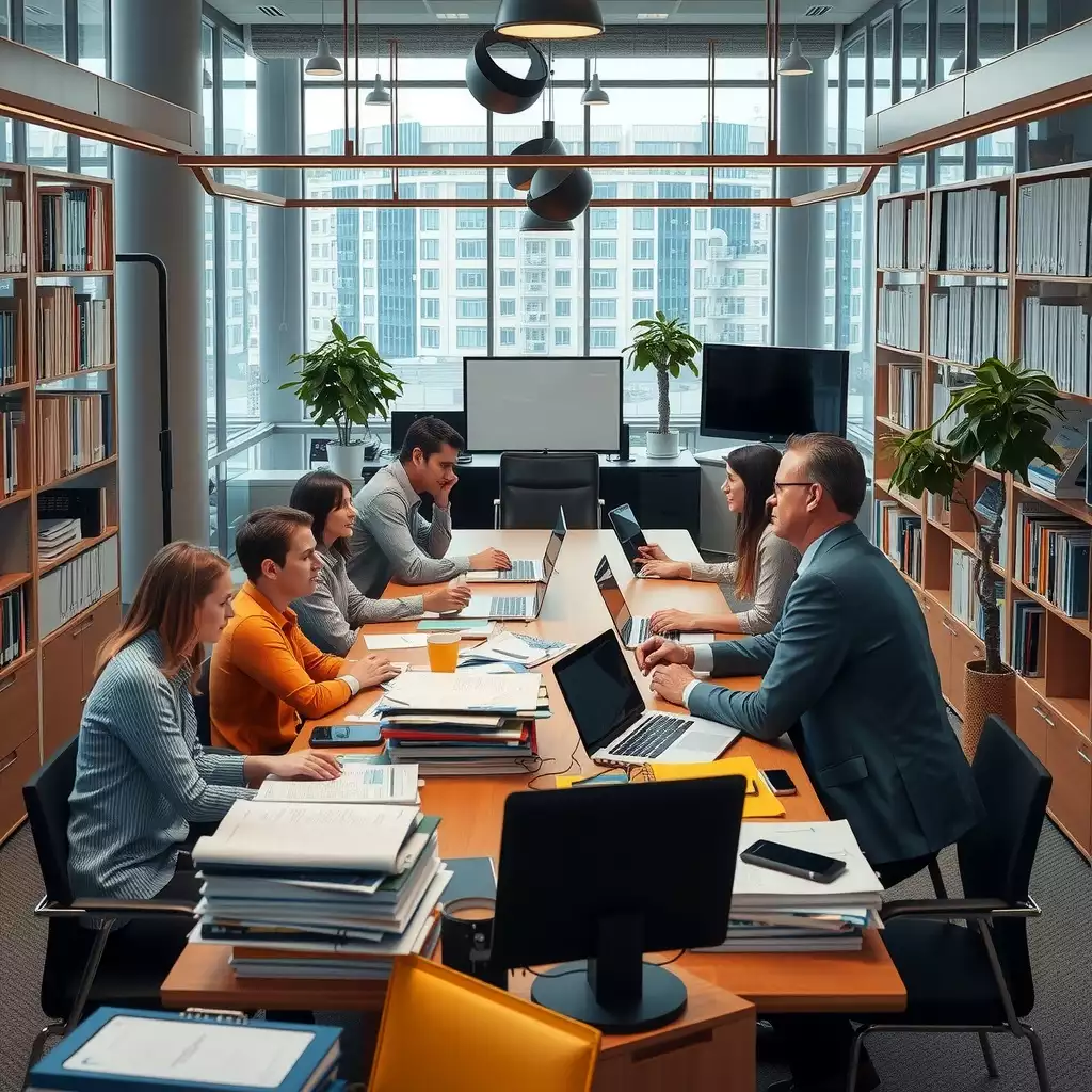 A busy office scene featuring diverse employees collaborating around a conference table, surrounded by documents and digital devices, reflecting modern workforce dynamics and strategic planning.