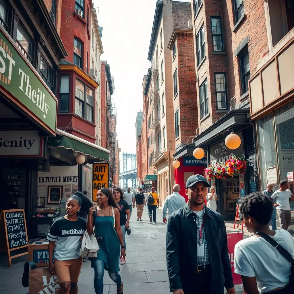 A bustling Brooklyn street scene featuring diverse retail workers interacting with customers amidst a vibrant mix of storefronts and urban architecture, capturing the essence of community and change in the neighborhood.