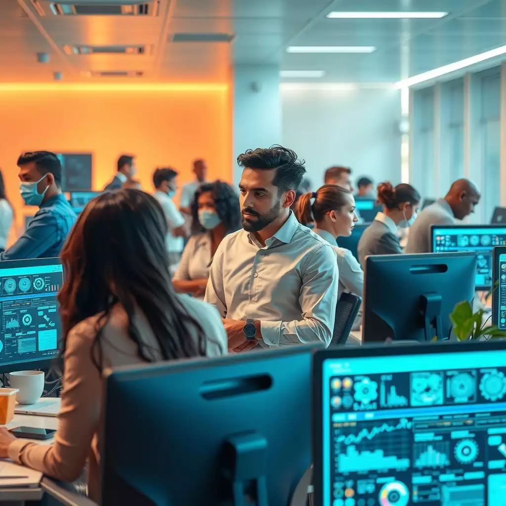 A futuristic office scene in 2026, showcasing diverse professionals interacting with advanced AI technology during the hiring process. The environment features sleek computer interfaces, digital screens displaying analytics, and collaborative spaces, highlighting innovation and the evolving landscape of recruitment.