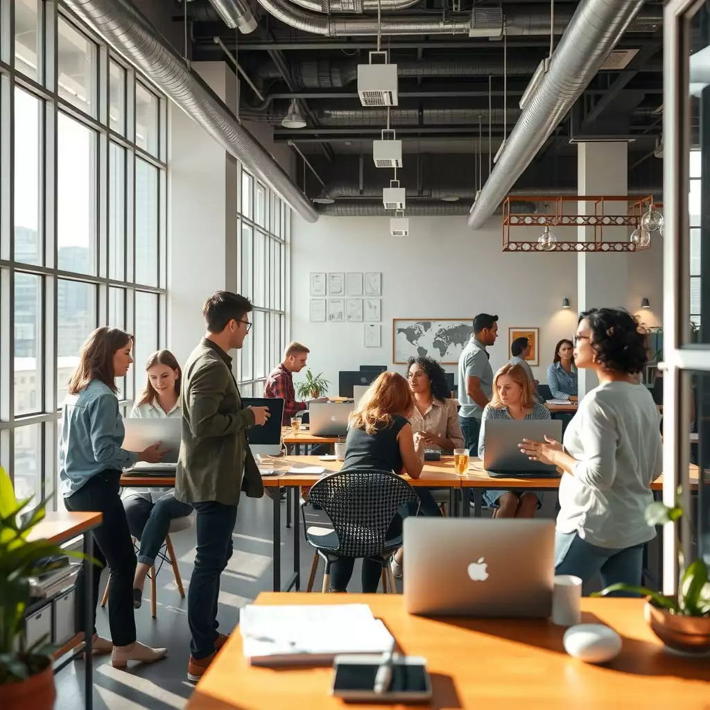 A vibrant office space in Brooklyn filled with diverse professionals engaged in collaborative discussions and brainstorming sessions, showcasing the dynamic energy of a creative work environment.