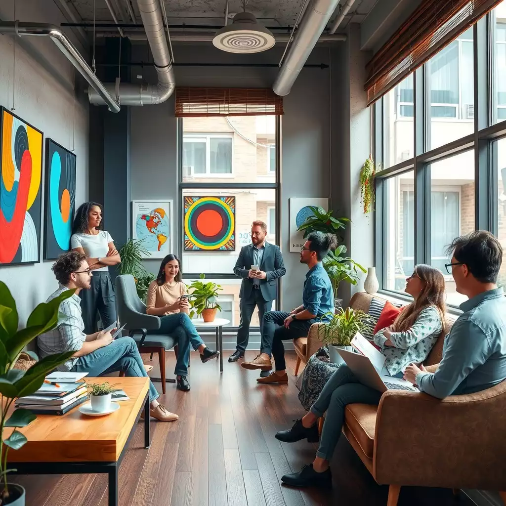 A vibrant and modern office space in Brooklyn featuring diverse professionals collaborating, stylish furniture, and abundant natural light.